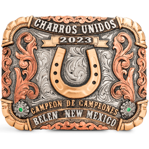 A custom belt buckle trophy featuring Charros Unidos Campeon de Campeones Belen New Mexico lettering with a personalized horseshoe figure 